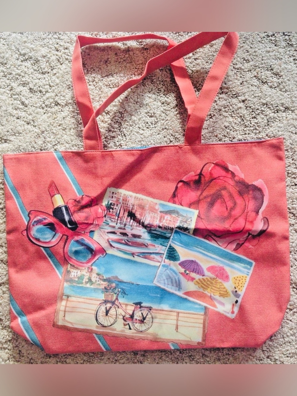 Lancome Paris Tote French Riviera Postcard Canvas Beach Bag Tote New w/Tags
